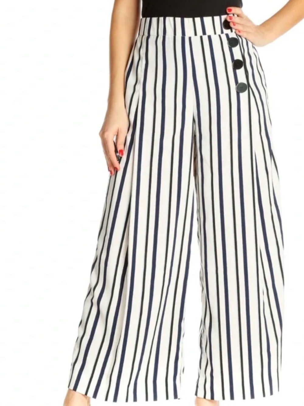 ZARA High Waist Striped Wide Leg Pants Navy White Button Front S